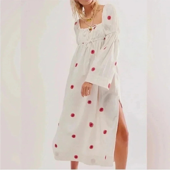 Free People Emory Embroidered Midi Long Dress Cotton Linen Size XS - Picture 1 of 14